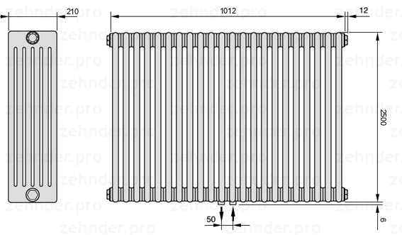 Схема (чертеж) Радиатор Zehnder Charleston 6250/22 №5410 Белый глянцевый RAL 9016